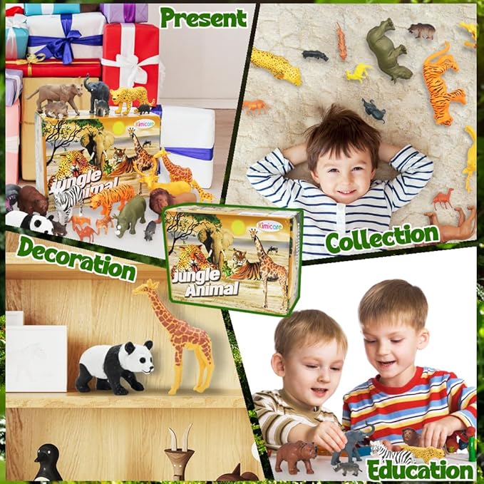 24Pcs Safari & Zoo Animals Figures, Realistic Plastic Animal Toys Set for Kids 1 2 3, Lion, Elephant, Perfect for Play, Education, Baby Shower Decor,Party Supplies Cake Topper-PawvioPets