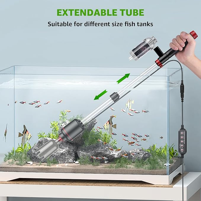 Electric Aquarium Vacuum Gravel Cleaner: 24W Fish Tank Vacuum Gravel Cleaner with Strong Suction for Automatic Water Change Algae Remover Sand Wash Water Shower and Water Circulation, Timed Off-PawvioPets
