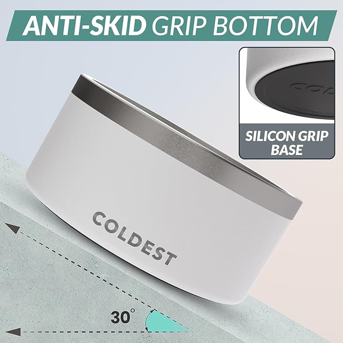 Coldest Dog Bowl - Anti Rust Metal, Non Slip, 3 Layers Insulated Stainless Steel Dog Bowls - Spill Proof & Heavy Duty - Water Bowl for Dogs, Cats & Pets, Dish Washer Safe (200 oz, Epic White)-PawvioPets