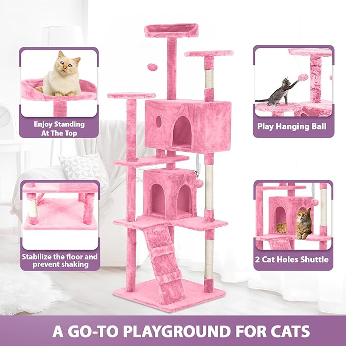 70 inches Cat Tower for Indoor Cats Multi-Level Cat Condos for XL Cat Tree Cat Climbing Tower with Scratching Posts, Hanging Toys,Pink-PawvioPets