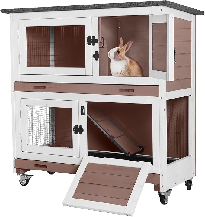 AIVITUVIN Wooden Rabbit Hutch Indoor Outdoor Rabbit Cage with Two Removable Trays Bunny Cage on Wheels Pet House Guinea Pig Cage 2 Story (Brown)-PawvioPets