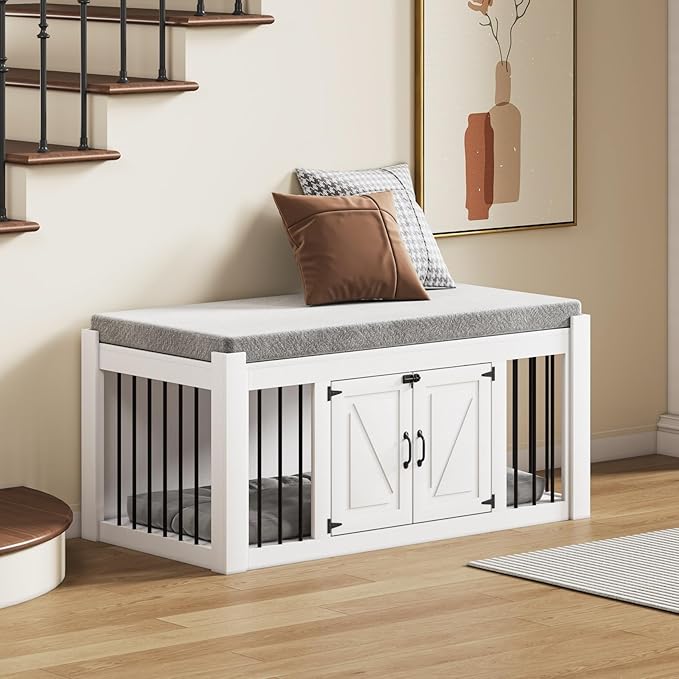 Dog Crate Furniture with Padded Seat, Luxury Wooden Dog Kennel, End of Bed Bench Ottoman with Removable Cushion for Bedroom, Living Roome, White-PawvioPets