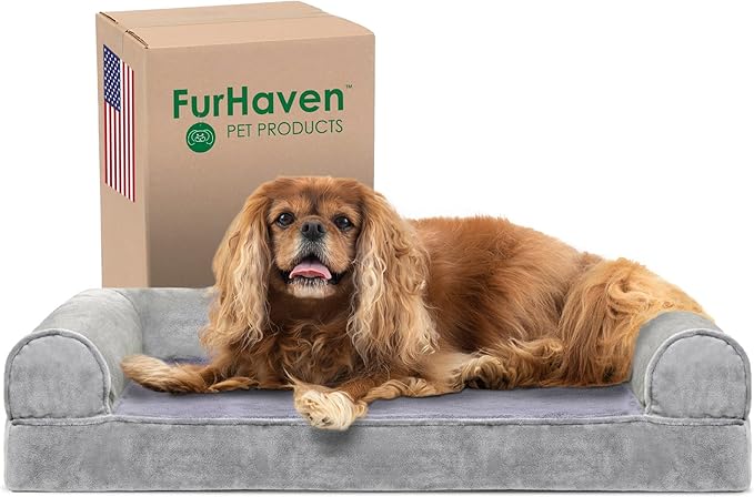 Furhaven Cooling Gel Dog Bed for Medium/Small Dogs w/ Removable Bolsters & Washable Cover, For Dogs Up to 35 lbs - Faux Fur & Velvet Sofa - Smoke Gray, Medium-PawvioPets