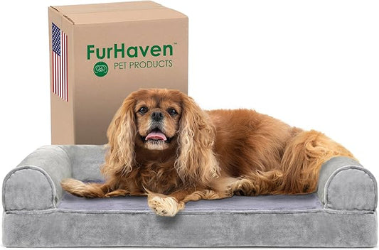Furhaven Cooling Gel Dog Bed for Medium/Small Dogs w/ Removable Bolsters & Washable Cover, For Dogs Up to 35 lbs - Faux Fur & Velvet Sofa - Smoke Gray, Medium-PawvioPets