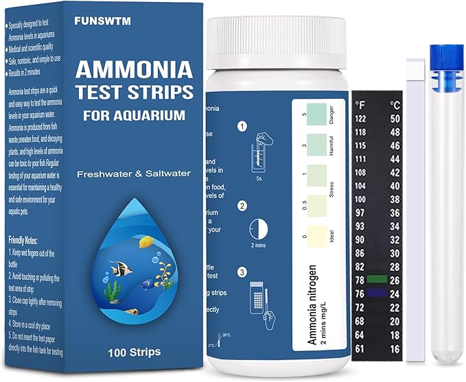 Ammonia Test Strips for Fish Tank: 100 Count Aquarium Ammonia Test Strips for Saltwater & Freshwater Aquariums & Ponds – Ammonia Test Kit with Test Tube Thermometer Stick-PawvioPets