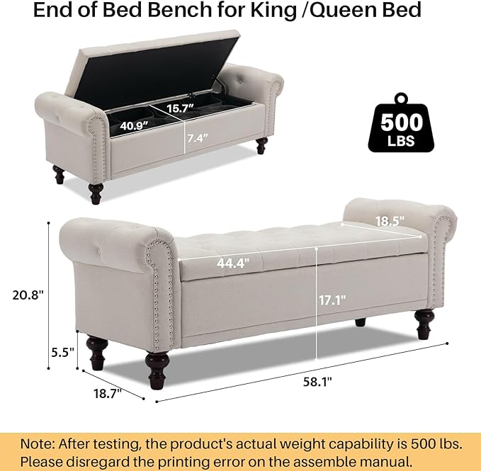 58.1'' Storage Bench Upholstered Linen End of Bedroom Bed Bench Ottoman with Tufted Cushioned Rolled Arm Large Storage Space for Reading Living Room Entryway, Beige-PawvioPets