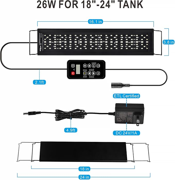 Advanced 7-Row LED Aquarium Light, Easy Setup Controller, Auto On Off Full Spectrum Fish Tank Light, 24/7 Lighting Cycle, 8 Colors, 10 Level Dimming, 26W for 18"-24" Freshwater Planted Tank-PawvioPets