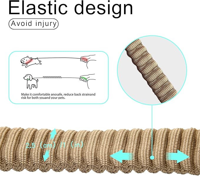 20” Strong Short Leash for Dog, Heavy Duty Bungee Dogs Leash with Padded Handle Car Seatbelt, Small Dog Training Leashs for Large or Medium Dogs - Can be Used with Other leashes (Khaki)-PawvioPets