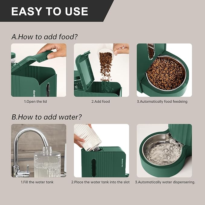 Gardner Pet Automatic Gravity Pet Feeder, 0.8 Gallons*2 Dog Feeder and Water Dispenser Set 100% BPA-Free, 2-in-1 Gravity Feeder with Stainless Steel Bowl for Dogs, Cats, Rabbits, Puppies (Green)-PawvioPets