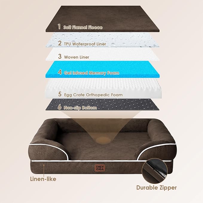EHEYCIGA Orthopedic Dog Beds for Large Dogs, Waterproof Memory Foam Large Dog Bed with Sides, Non-Slip Bottom and Egg-Crate Foam Pet Couch Bed with Washable Removable Cover, Brown-PawvioPets