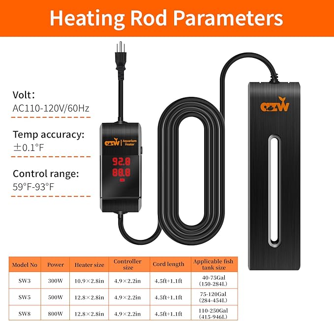 azw Aquarium Heater 300W/500W/800W, Fish Tank Heater with Digital LED Controller, Frequency Conversion Energy Saving, IPS Anti-Boiling Fish, Multiple Intelligent Protection for Freshwater/Saltwater-PawvioPets