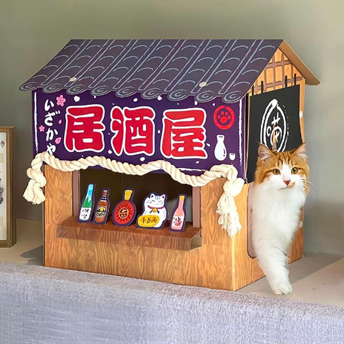 Cat Beds for Indoor Cats, Cardboard Cat House with Scratchers, Izakaya Bar, Large Sturdy Cat Furniture Condo Cave Tent, Easy to Assemble Pet Toys Accessories Stuffs, Bunny Small Animals-PawvioPets