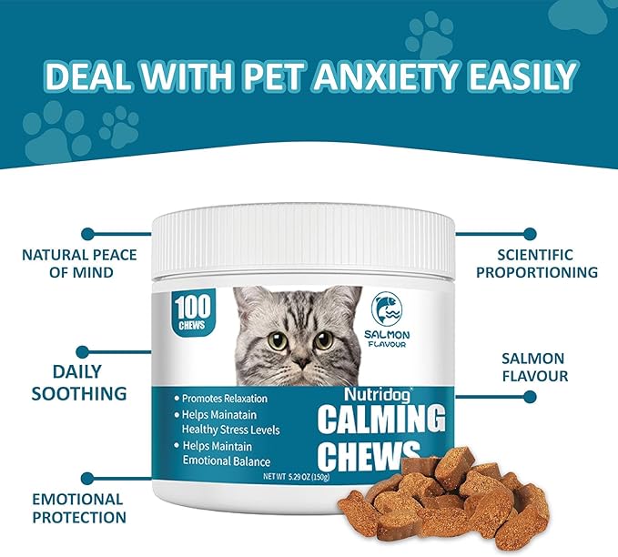 Cat Calming Treats - 100 Count Salmon Chews with Organic Chamomile & Ginger, Stress Relief Supplement for Separation Anxiety, Vet Visits & Thunderstorms (Salmon)-PawvioPets