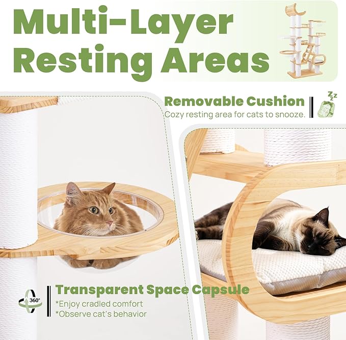 82.7'' Large Cat Tree, Modern Cat Tower with Scratching Post, Luxury Cat House, Wood Cat Tree for Indoor Cats Large Adult, Multi-Level Activity Center with Hammock, Clear Bowl, Semi-Closed Condo-PawvioPets