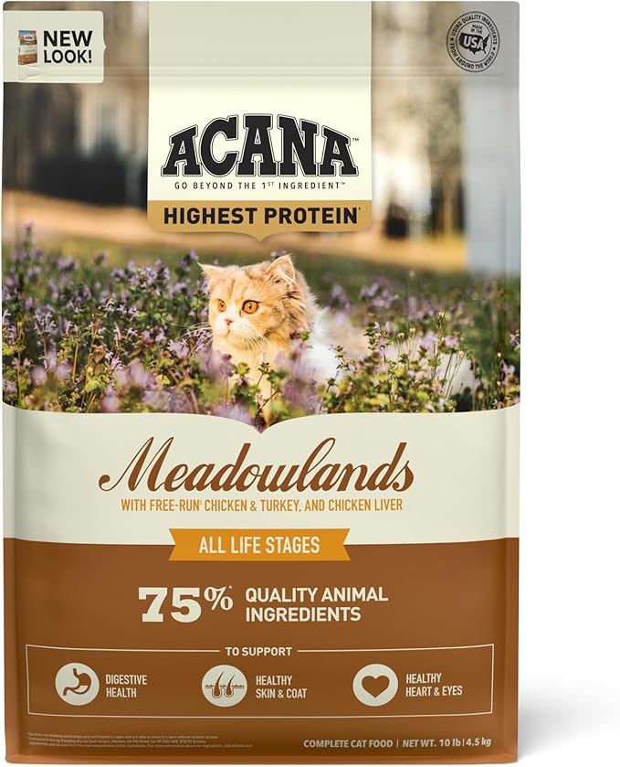 ACANA Grain-free Dry Cat Food Meadowlands Chicken Turkey Fish and Cage-Free Eggs 10lb Bag-PawvioPets
