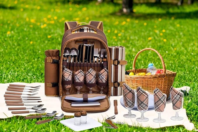 Apollo Walker Picnic Backpack Bag for 4 Person with Cooler Compartment,Wine Bag, Picnic Blanket(45"x53"),Best for Family and Lovers Gifts (Brown)-PawvioPets