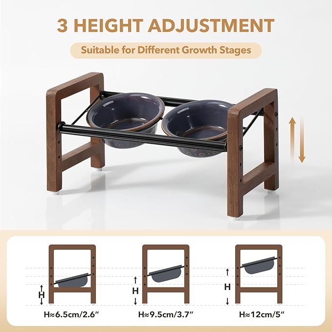 5.5inch Ceramic Adjustable Raised Double Bowls Set with Stand, 3 Heights Elevated, 2 Placement Options, Food and Water Dishes for Puppy, Cats（Double Bowls+Stand, Reactived Glaze -Grey-PawvioPets