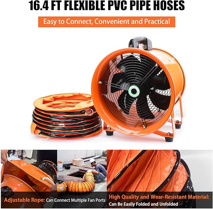 10-Inch High-Velocity Portable Utility Blower Fan, Industrial Exhaust Fan with 16.4ft Flexible Duct Hose, 3150 RPM Low-Noise Ventilator for Basements, Workshops, Warehouses, and Confined Spaces-PawvioPets