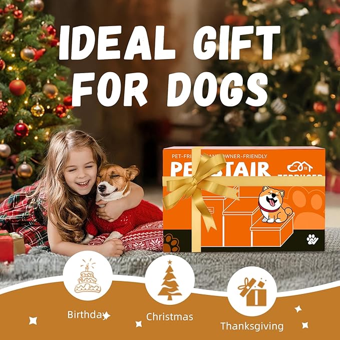 Dog Stairs with Storage 18" H, 3-Step Wider Dog Steps for Small/Medium/Large Dogs Cats, Folding Sturdy Pet Stairs Climbing Bed or Sofa, Ramp for Car Hold Up to 200 lbs (Navy Blue, No Condo)-PawvioPets