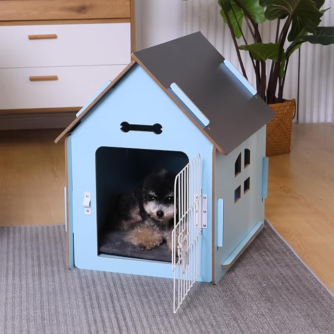 Dog House Indoor for Small Dogs or Cats, Cozy Wooden Design, Small Indoor Bed House, with Air Vents and Elevated Floor Warm Dog Cave (Large Blue)-PawvioPets