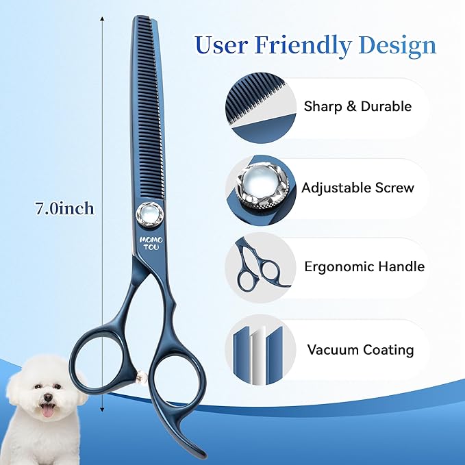 7 inch Matte Blue Thinning Dog Grooming Scissors Professional 440C Stainless Steel Dog Thinner Shears Smooth Cutting Comfortable Grip and Easy to Use for Groomers and Home Use-PawvioPets