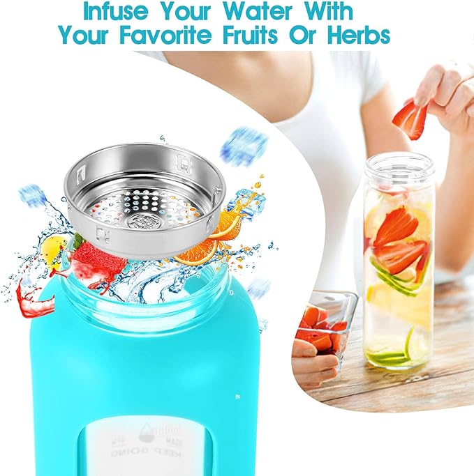 32 oz Glass Water Bottle with Straw - Motivational Time Marker & Silicone Sleeve - Reusable Tumbler Includes 2 Bamboo Lids & Fruit Infuser - 1 Pack-PawvioPets