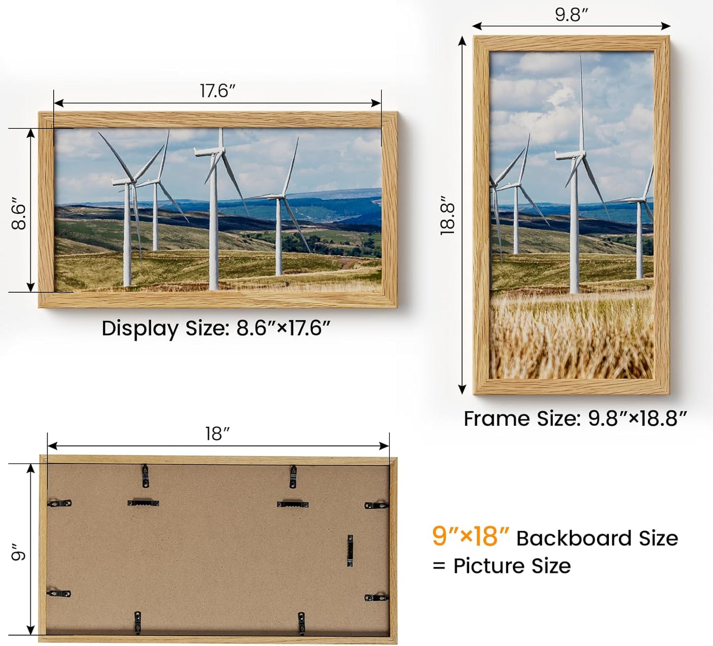 9x18 Picture Frame Oak Wood,9"x18" Natural Oak Color Wooden Frames with Tempered Glass,18x9 inch Wall Gallery Poster Frame with No Mat,9 by 18 Frames Horizontal and Vertical for Wall Mounting