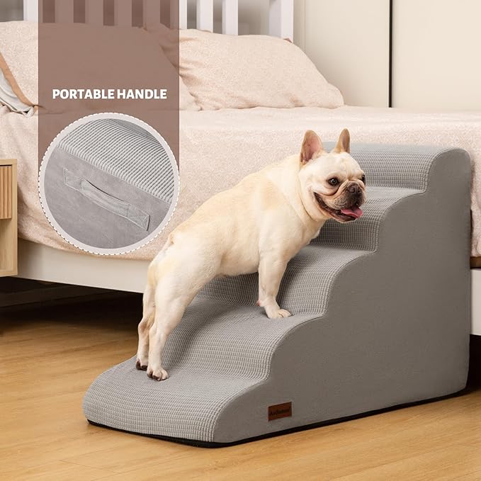 5-Step Dog Stairs and Ramp for High Bed, Non-Slip Sturdy Pet Steps for Small Dogs and Cats,22.2" H,Light Grey-PawvioPets