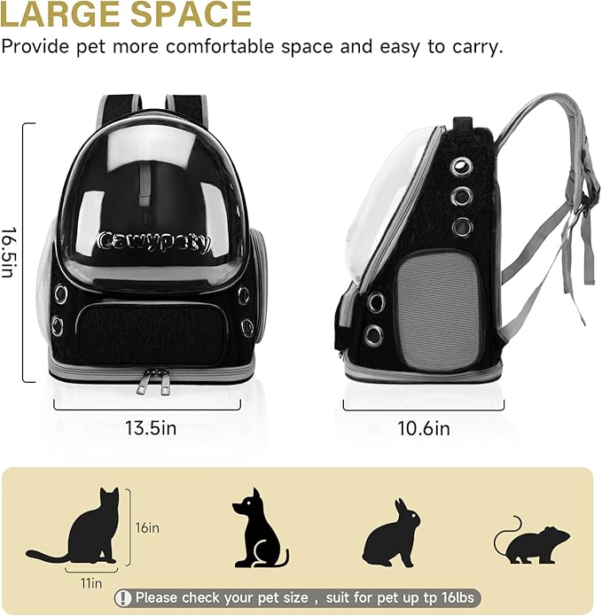 Cat Backpack Carrier, Breathable Cat Carrier Large Space Bubble Pet Backpack for Kitty Small Dog up to 12lbs, Transparent & Foldable Pet Carrier for Travel Hiking (Black-PawvioPets