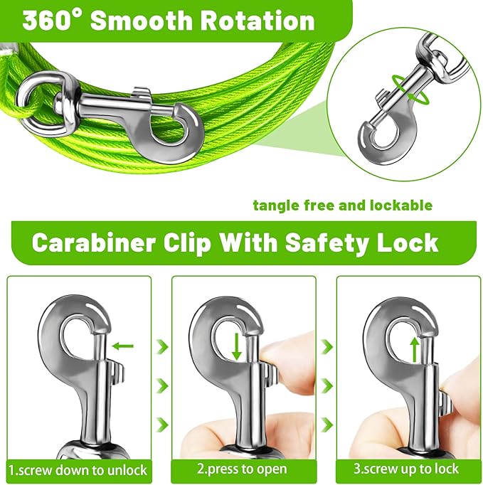 Dog Tie Out Cable 10/15/20/25/30 FT Runner for Yard Steel Wire Cable with Durable Superior Clips Green Chains for Outside Dog Lead for Large Up to 165 Lbs-PawvioPets