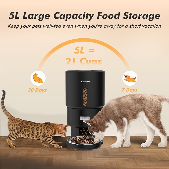 Automatic Cat Feeder - 5L Anti-Clog Cat Food Dispenser with Freshness Preservation, 1-6 Meals/Day, Programmable Portions, 10s Voice, 180-Day Battery Life, Auto Pet Feeder for Multi Cats and Dogs-PawvioPets