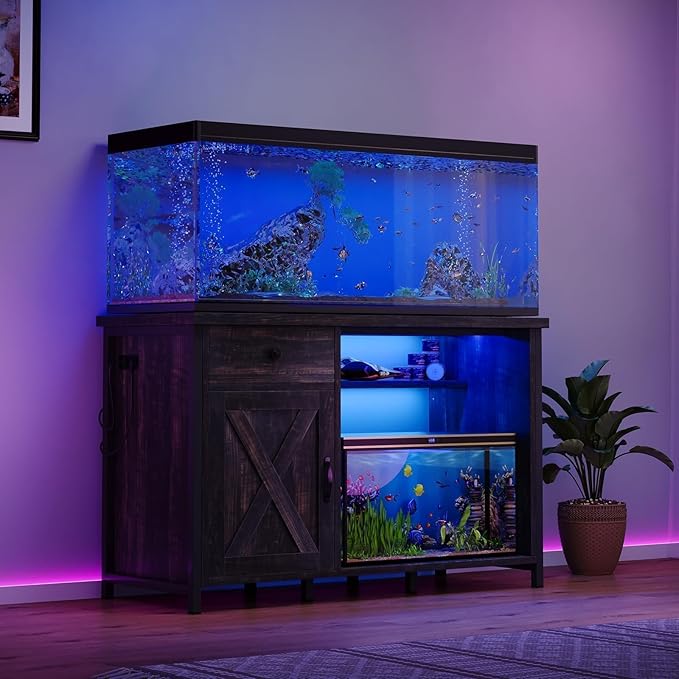 4ever2buy 55 Gallon Fish Tank Stand with LED Light & Power Outlets, 55-75 Gallon Aquarium Stand with Drawer & Barn Door, Cabinet for Fish Tank Accessories Storage for Reptile Tank, Turtle Tank, Oak-PawvioPets
