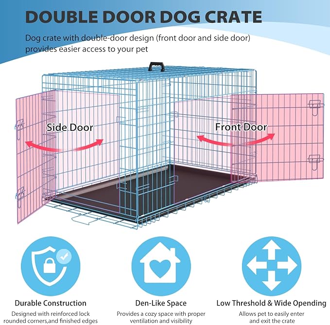 BestPet | Dog Crate | 42" | Blue | Foldable Metal Kennel with Double Doors, Secure Slide-Bolt Latches, Leakproof Tray | Portable Dog Cage for Large Breeds | for Travel, Indoor & Outdoor Use-PawvioPets
