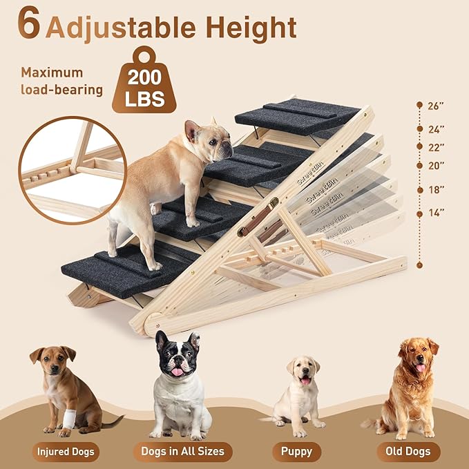 2025 Upgraded Dog Steps for Bed & Couch - 2-in-1 Dog Stairs/Ramp for Small to Large Breeds - 45.3" Long Adjustable 14"-26" Up to 200LBS - Folding Portable Wooden Pet Stairs for high Bed Couch Car-PawvioPets