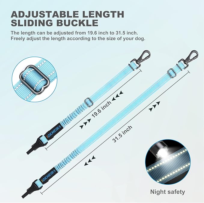 Dog Seat Belt 3-in-1 Car Harness for Dogs Adjustable Safety Seatbelt for Car Nylon Reflective Bungee Fabric Dog Car Harness with Clip Hook Latch & Buckle, Swivel Zinc Alloy Carabiner (Light Blue)-PawvioPets