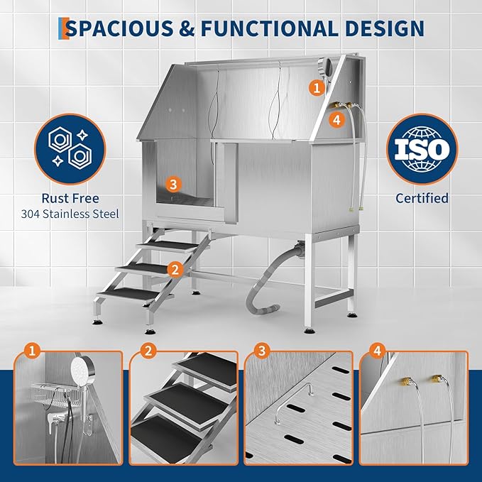 50" Stainless Steel Professional Dog Washing Station - Pet Bathing Tub w/Non-Slip Stairs | Slip-Resistant Floor Grate | for Large/Medium/Small Dogs-PawvioPets