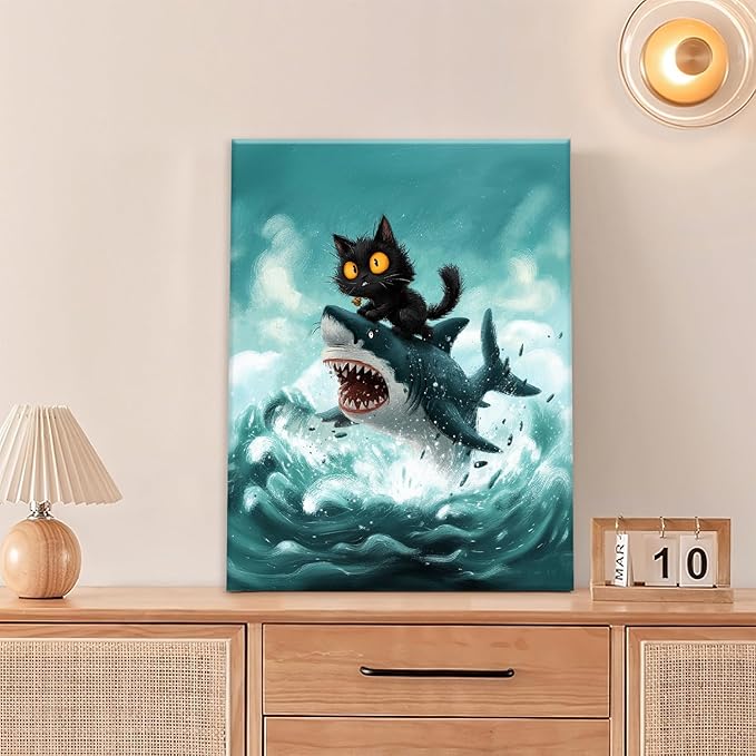 Funny Black Cat Bathroom Wall Art Cute Cat Riding Shark Canvas Wall Decor Animal Kitten Pictures Painting Print Artwork Framed Decorations Gifts for Cat Lover Kids Room Bedroom 12"x16"-PawvioPets