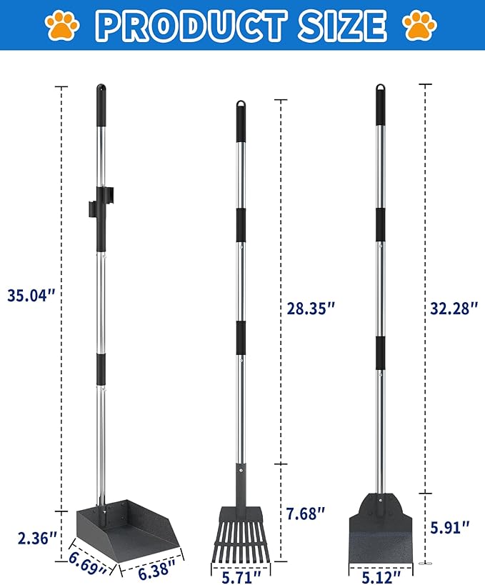 Dog Pooper Scooper Set, Stainless Metal Tray Rake Spade 3 Pack, Long Handle Pet Waste Scooper for Large Medium Small Dogs, Heavy Duty Poop Scooper for Yard, Grass, Dirt or Gravel-PawvioPets