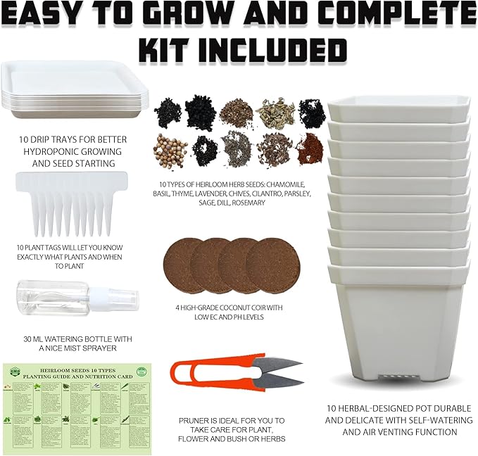 10 Herb Seeds Garden Starter Grow Kit with White Pots, Markers, Nutritional Soil, Watering, Herb Clipper, Complete Indoor Potted Plant Growing Set for Kitchen DIY-PawvioPets