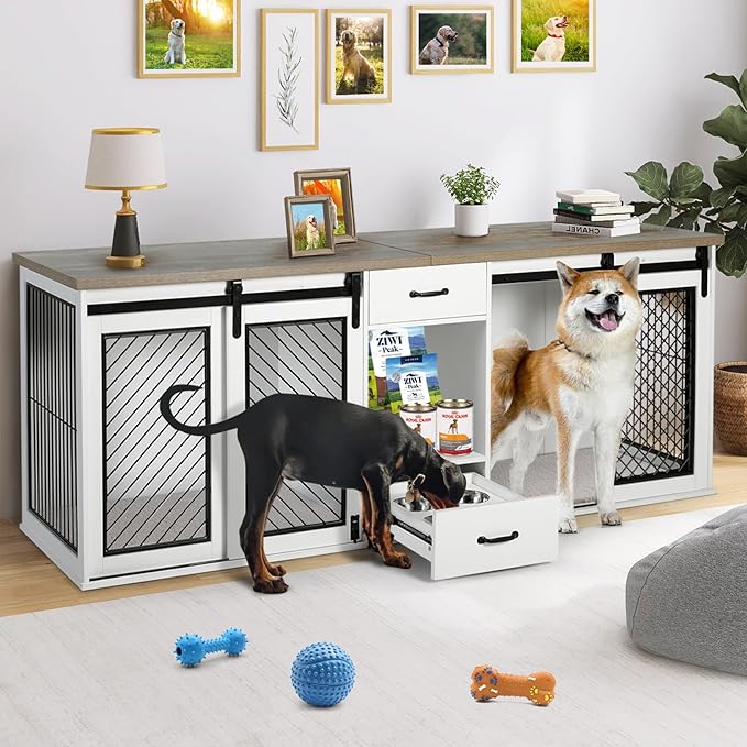 Extra Large Dog Crate Furniture, 85" Sliding Door Double Kennel for 2 Large Dogs Divided, Heavy Duty Wooden Dog Crate Kennel Furniture with 4 Dog Bowls and Drawer Indoor, White-PawvioPets