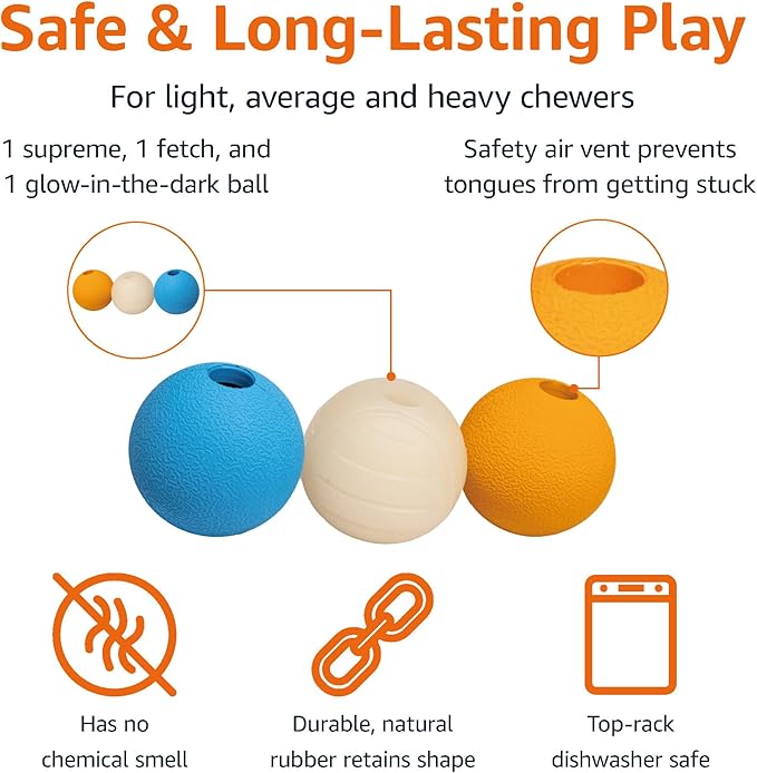 Amazon Basics Dog Toys, Interactive Assorted Rubber Balls, (Pack of 3), 2.5 inch, Blue, Beige, Orange-PawvioPets
