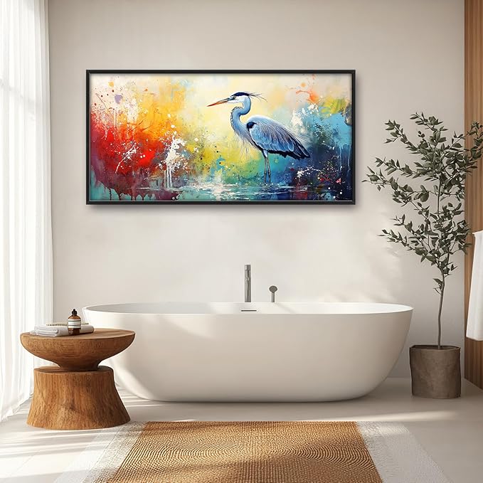 Extra Large Framed Abstract Heron Wall Art,Oversized Colorful Graffiti Heron Wall Decor Pictures for Living Room,Canvas Print Painting Modern Artwork Bedroom Office Bathroom Home Decor 60L x 30W-PawvioPets