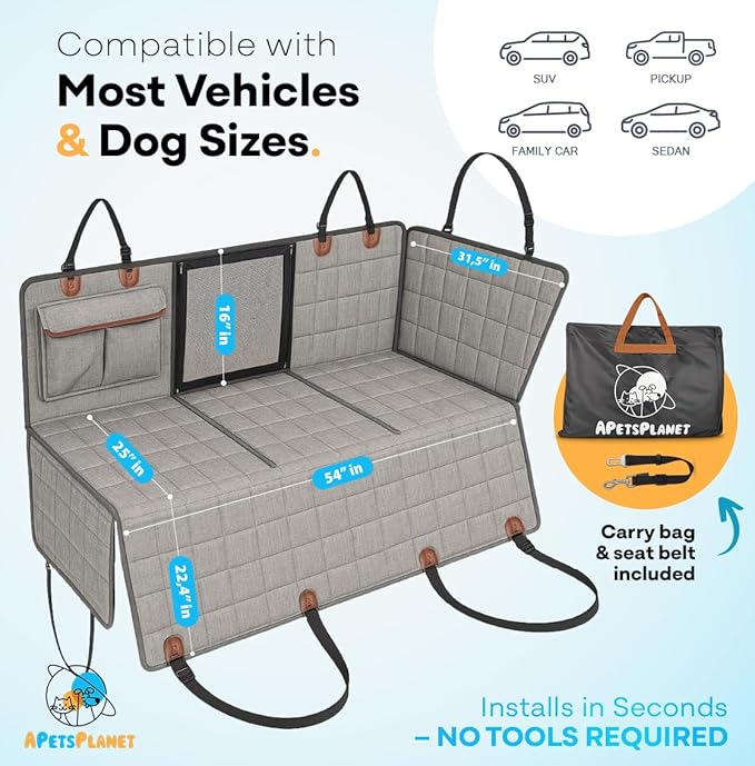 APetsPlanet Dog Car Seat Cover for Back Seat Hard Bottom - Waterproof Backseat Extender for Dogs - Pet Hammock for Car, Truck, SUV - Protector Bed with Mesh Window & Storage - Gray, with Door Covers-PawvioPets