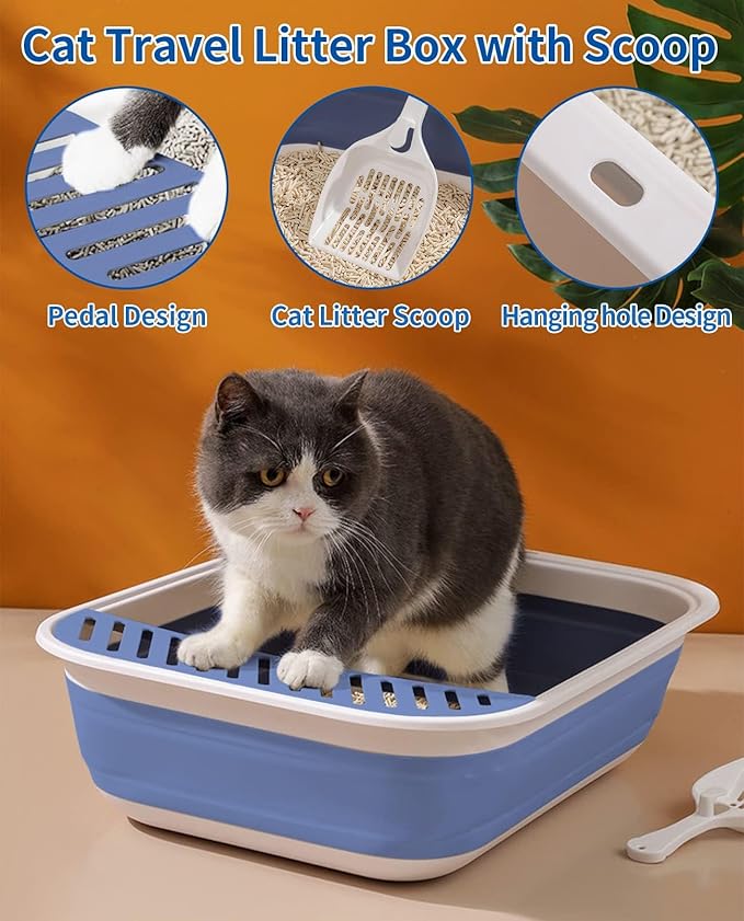 BNOSDM Collapsible Small Cat Litter Box for Kittens Open Potty Pan Foldable Cat Toilet with Scoop Senior Kitty Travel Shallow Litters Boxes Anti-Splash Waterproof Blue 17.7"×13.4"-PawvioPets