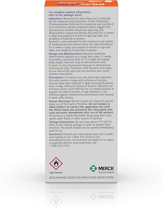 BRAVECTO Topical Solution for Dogs, Flea & Tick, 12 Week Supply, 9.9-22 lbs., Orange Box-PawvioPets