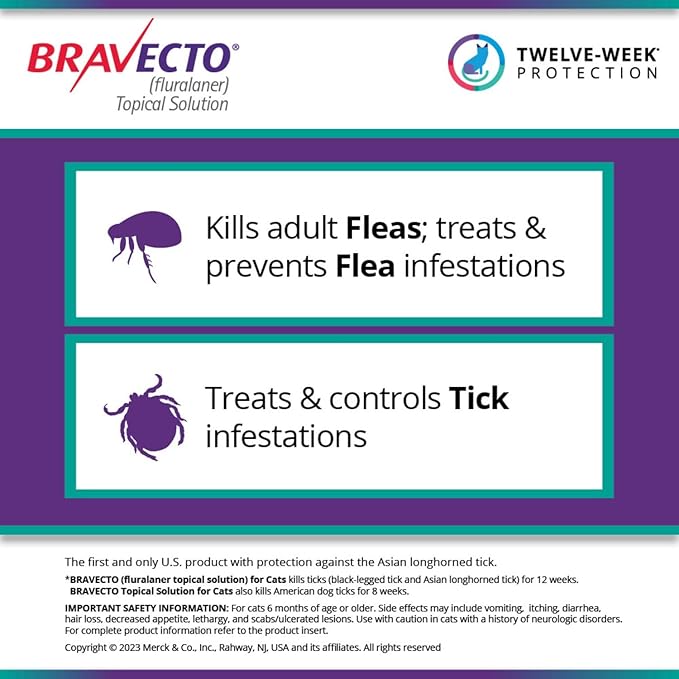 BRAVECTO Topical Solution for Cats, Flea & Tick, 12 Week Supply, 2.6-6.2 lbs., Green Box-PawvioPets