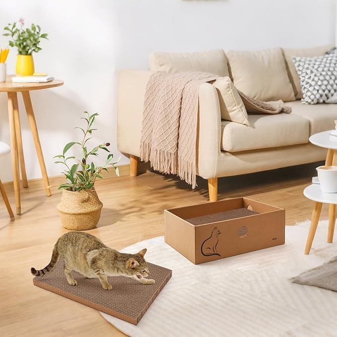 AUSCAT Cat Scratcher Box with 6PCS Cat Scratching Board, Cardboard Cat Scratchers for Indoor Cats, Reversible Cat Scratch Pads for Small Medium Kittens, 14.6" L x 10.9" W x 5.2" H-PawvioPets