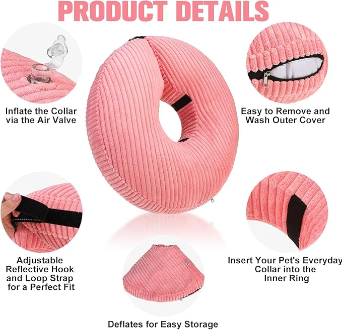 BINGPET Inflatable Dog Cone Collar Alternative After Surgery,Soft Recovery Cone for Dogs to Stop Licking,Protective Neck Donut E Collar Adjustable for Small Medium Large Dogs & Cats(Pink,XL)-PawvioPets