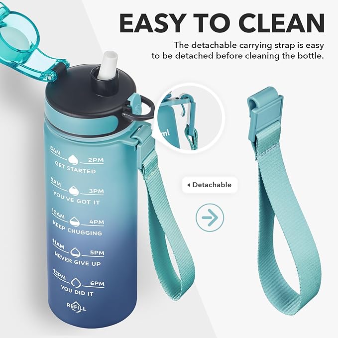 Enerbone Water Bottle, Leakproof BPA & Toxic Free, Motivational Water Bottle with Times to Drink and Straw, Fitness Sports Water Bottle with Strap for Office, Gym, Outdoor Sports-PawvioPets