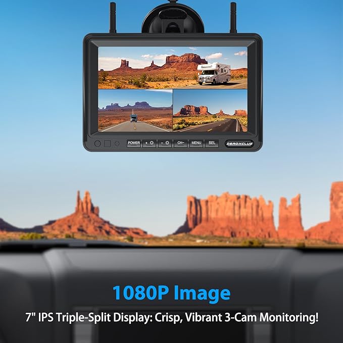 3-Camera Wireless RV Backup Camera System with 7-Inch Monitor, 1 Rear Sharkfin, 2 Side Cameras, DVR Monitor & IR Night Vision, IP69K Waterproof, Compatible with Furrion Pre-Wired RV Trailer-PawvioPets